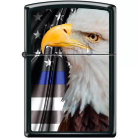 Zippo Eagle With Blue Line Flag - Black Matte