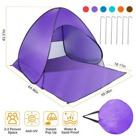 Pop Up Beach Tent Sun Shade Shelter Anti-UV Automatic Waterproof Tent Canopy for 2/3 Man w/ Net Window Storage Bag (Color: PURPLE)